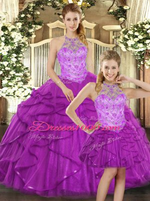 Dazzling Sleeveless Beading and Ruffles Lace Up 15 Quinceanera Dress