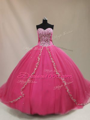 Clearance Sleeveless Court Train Beading Lace Up Ball Gown Prom Dress