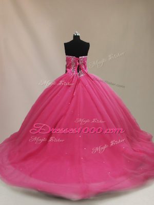 Clearance Sleeveless Court Train Beading Lace Up Ball Gown Prom Dress