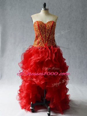 Amazing Sleeveless High Low Beading and Ruffles Lace Up Dress for Prom with Wine Red