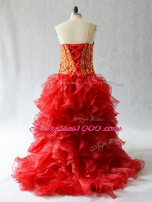 Amazing Sleeveless High Low Beading and Ruffles Lace Up Dress for Prom with Wine Red