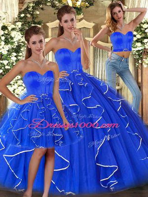Best Blue 15th Birthday Dress Sweet 16 and Quinceanera with Ruffles Sweetheart Sleeveless Lace Up