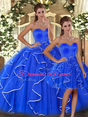 Best Blue 15th Birthday Dress Sweet 16 and Quinceanera with Ruffles Sweetheart Sleeveless Lace Up