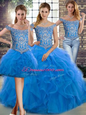 Dynamic Blue Sleeveless Tulle Brush Train Lace Up Vestidos de Quinceanera for Military Ball and Sweet 16 and Quinceanera