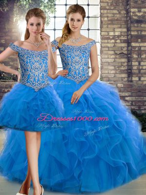 Dynamic Blue Sleeveless Tulle Brush Train Lace Up Vestidos de Quinceanera for Military Ball and Sweet 16 and Quinceanera