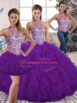 Sleeveless Tulle Floor Length Lace Up Quince Ball Gowns in Purple with Beading and Ruffles