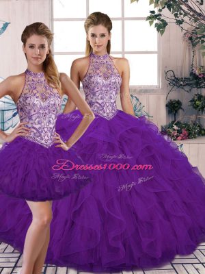 Sleeveless Tulle Floor Length Lace Up Quince Ball Gowns in Purple with Beading and Ruffles