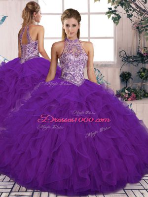 Sleeveless Tulle Floor Length Lace Up Quince Ball Gowns in Purple with Beading and Ruffles