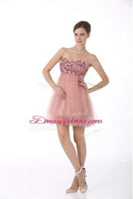 Charming Pink Sleeveless Mini Length Beading Zipper