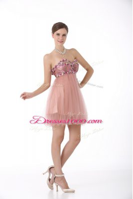 Charming Pink Sleeveless Mini Length Beading Zipper