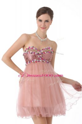 Charming Pink Sleeveless Mini Length Beading Zipper