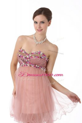 Charming Pink Sleeveless Mini Length Beading Zipper