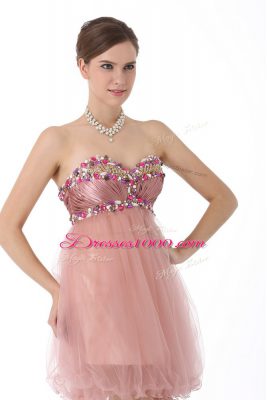 Charming Pink Sleeveless Mini Length Beading Zipper