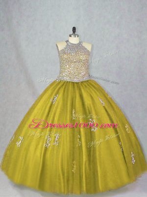 Inexpensive Olive Green Ball Gowns Halter Top Sleeveless Tulle Floor Length Lace Up Beading and Appliques Ball Gown Prom Dress