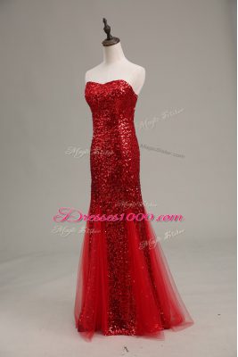 Extravagant Mermaid Homecoming Dress Red Sweetheart Tulle and Sequined Sleeveless Floor Length Zipper