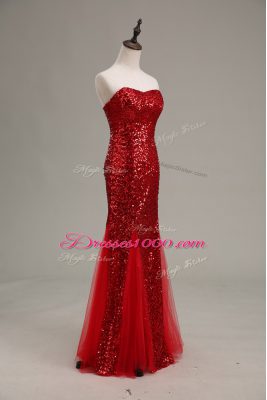 Extravagant Mermaid Homecoming Dress Red Sweetheart Tulle and Sequined Sleeveless Floor Length Zipper