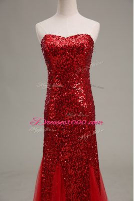 Extravagant Mermaid Homecoming Dress Red Sweetheart Tulle and Sequined Sleeveless Floor Length Zipper