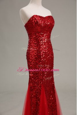 Extravagant Mermaid Homecoming Dress Red Sweetheart Tulle and Sequined Sleeveless Floor Length Zipper