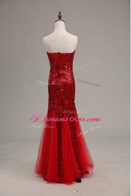 Extravagant Mermaid Homecoming Dress Red Sweetheart Tulle and Sequined Sleeveless Floor Length Zipper