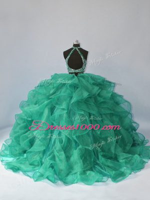 Turquoise Ball Gowns Organza Halter Top Sleeveless Beading and Ruffles Backless Ball Gown Prom Dress Brush Train