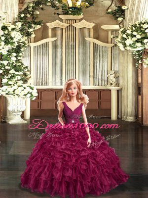 Colorful Burgundy Backless V-neck Beading and Ruffles Ball Gown Prom Dress Organza Sleeveless