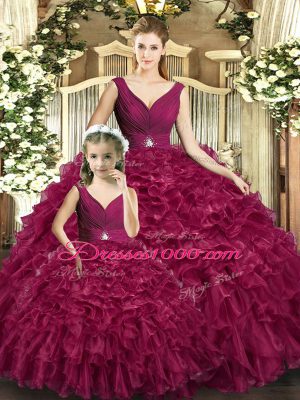 Colorful Burgundy Backless V-neck Beading and Ruffles Ball Gown Prom Dress Organza Sleeveless