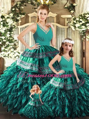 Hot Selling Turquoise Organza Backless V-neck Sleeveless Floor Length Sweet 16 Dress Appliques and Ruffles