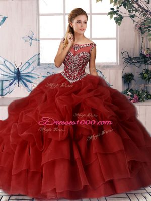 Best Wine Red Scoop Neckline Beading and Pick Ups Ball Gown Prom Dress Sleeveless Zipper