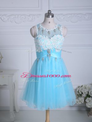 Scoop Sleeveless Evening Dress Mini Length Lace and Appliques Aqua Blue Organza