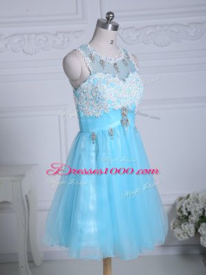 Scoop Sleeveless Evening Dress Mini Length Lace and Appliques Aqua Blue Organza