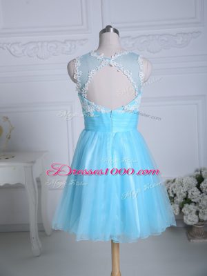 Scoop Sleeveless Evening Dress Mini Length Lace and Appliques Aqua Blue Organza