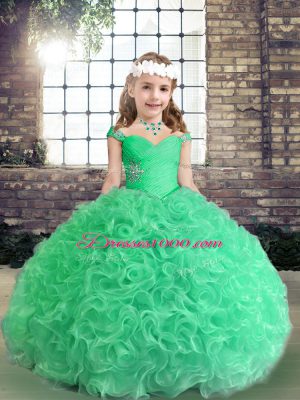 Apple Green Fabric With Rolling Flowers Lace Up Little Girl Pageant Gowns Sleeveless Floor Length Beading