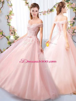 Chic Pink A-line Appliques and Belt Bridesmaid Dresses Lace Up Tulle Sleeveless Floor Length