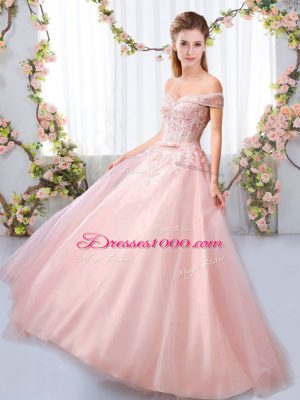Chic Pink A-line Appliques and Belt Bridesmaid Dresses Lace Up Tulle Sleeveless Floor Length