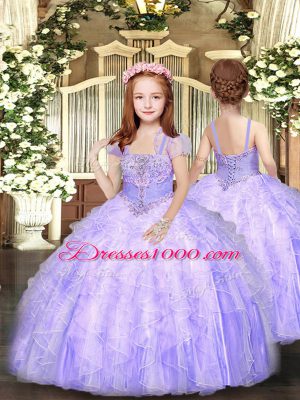 Custom Design Lavender Sleeveless Beading and Appliques and Ruffles Floor Length Ball Gown Prom Dress