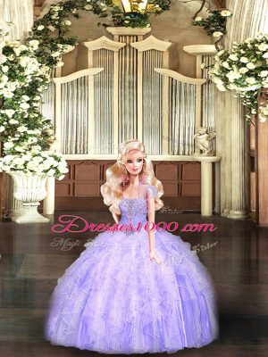 Custom Design Lavender Sleeveless Beading and Appliques and Ruffles Floor Length Ball Gown Prom Dress