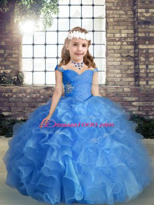 Sleeveless Floor Length Beading and Ruching Lace Up Little Girls Pageant Dress Wholesale with Blue