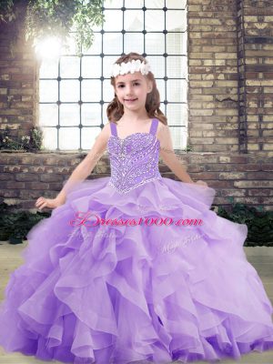 Lavender Sleeveless Organza Lace Up Little Girl Pageant Gowns for Party and Military Ball and Wedding Party