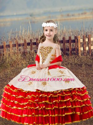 Sleeveless Floor Length Beading and Ruffled Layers Lace Up 15th Birthday Dress with White And Red