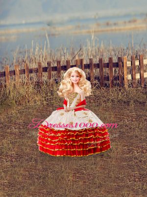 Sleeveless Floor Length Beading and Ruffled Layers Lace Up 15th Birthday Dress with White And Red