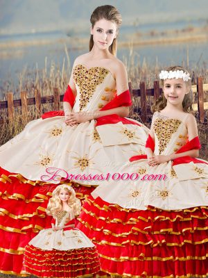 Sleeveless Floor Length Beading and Ruffled Layers Lace Up 15th Birthday Dress with White And Red