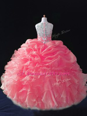 Floor Length Zipper Girls Pageant Dresses Coral Red for Wedding Party with Beading and Ruffles and Pick Ups