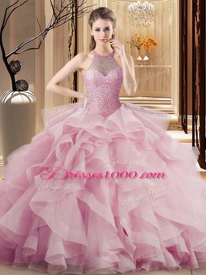 Colorful Pink Organza Lace Up Vestidos de Quinceanera Sleeveless Sweep Train Beading and Ruffles