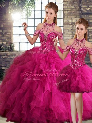 Dazzling Ball Gowns 15 Quinceanera Dress Fuchsia Halter Top Tulle Sleeveless Floor Length Lace Up