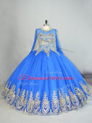 Top Selling Blue Ball Gowns Tulle High-neck Long Sleeves Beading and Appliques Floor Length Lace Up Sweet 16 Dress