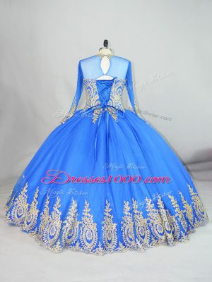 Top Selling Blue Ball Gowns Tulle High-neck Long Sleeves Beading and Appliques Floor Length Lace Up Sweet 16 Dress