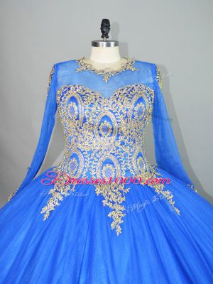 Top Selling Blue Ball Gowns Tulle High-neck Long Sleeves Beading and Appliques Floor Length Lace Up Sweet 16 Dress