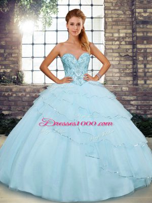 Sweetheart Sleeveless Tulle Quinceanera Dresses Beading and Ruffled Layers Brush Train Lace Up