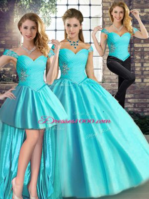 Floor Length Three Pieces Sleeveless Aqua Blue Quinceanera Gowns Lace Up