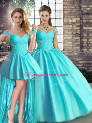 Floor Length Three Pieces Sleeveless Aqua Blue Quinceanera Gowns Lace Up